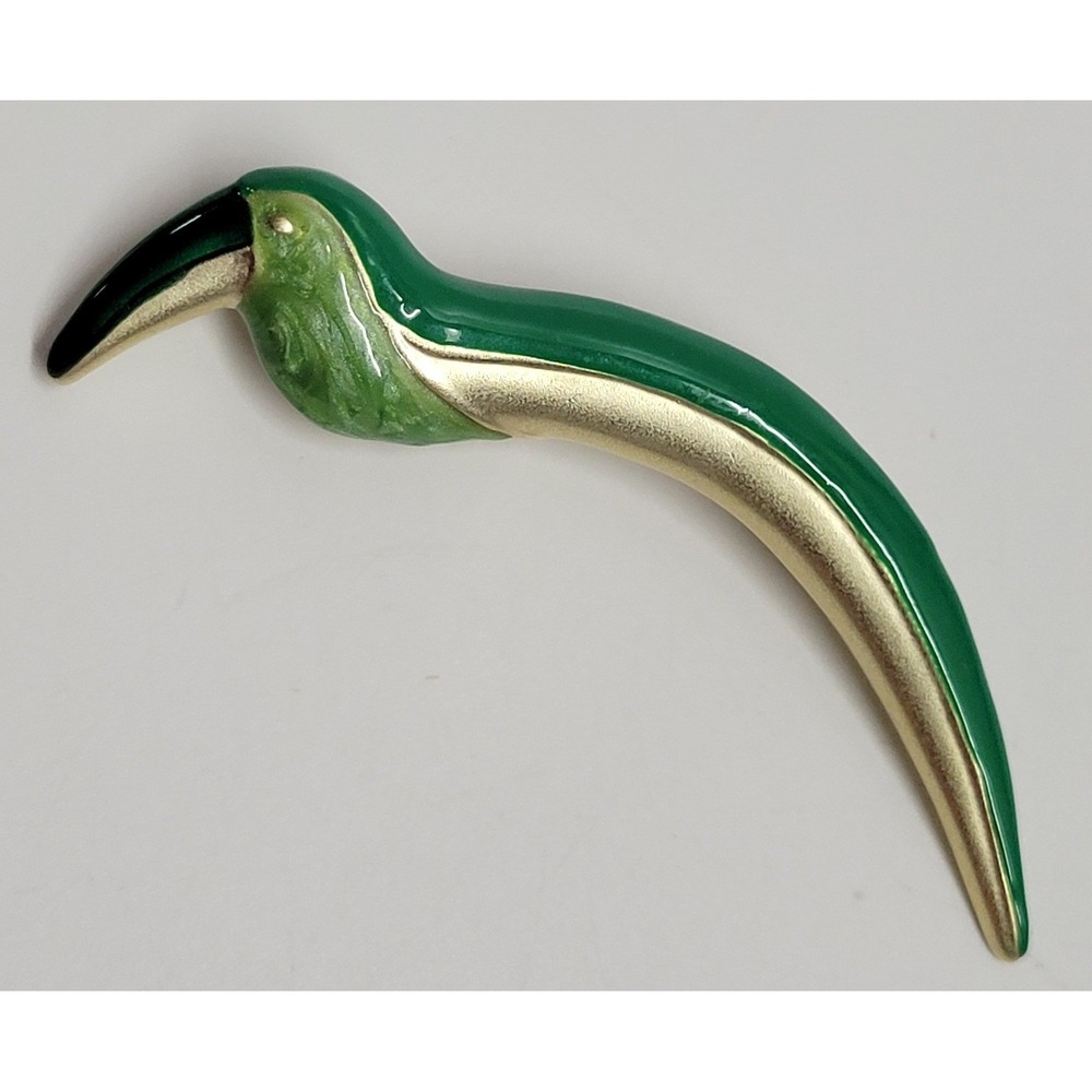 Vintage AJC Green Enamel Gold Tone Stylized Bird Toucan Brooch Pin‎ 3 Inch